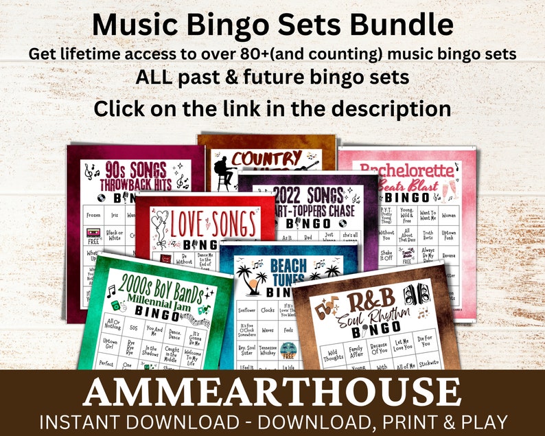 May include: A collection of printable music bingo cards with various themes, including 90s songs, love songs, country, beach tunes, R&B, and bachelorette beats. The cards feature a vintage aesthetic with a brown woodgrain background. The text "AMMEARTHOUSE" is displayed at the bottom of the image.