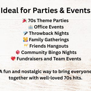 Ideal for 70s theme parties, office events, throwback nights, family gatherings, friends’ hangouts, community bingo nights, fundraisers, and team-building activities. Designed to bring groups together with nostalgic 70s fun.