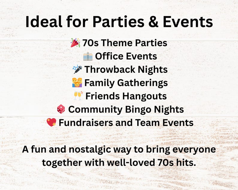 Ideal for 70s theme parties, office events, throwback nights, family gatherings, friends’ hangouts, community bingo nights, fundraisers, and team-building activities. Designed to bring groups together with nostalgic 70s fun.