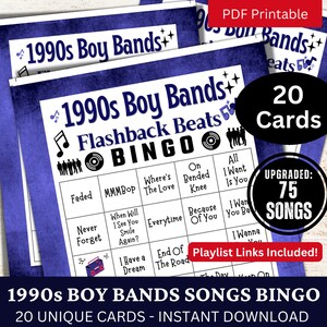 Juego de bingo con 20 cartas de canciones de grupos de chicos de los años 90, bingo con música de los años 90 y lista de reproducción, actividad de reunión de amigos de los años 90 para adultos, fiesta de reunión familiar