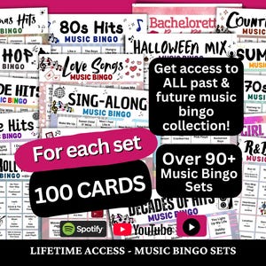 May include: A collection of music bingo game cards featuring various themes like Christmas Hits, 80s Hits, Hip Hop, and R&B Mix. The cards include text overlays stating Get access to ALL past & future music bingo collection!, For each set 100 CARDS, Over 90+ Music Bingo Sets, and LIFETIME ACCESS - MUSIC BINGO SETS.