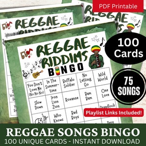 Reggae Songs Bingo 100 Karte, Throwback-Themenspiel, Sommer Strand Tune Bingo, Groove Party Musik Bingo mit Playlist, Chill Gathering Aktivität
