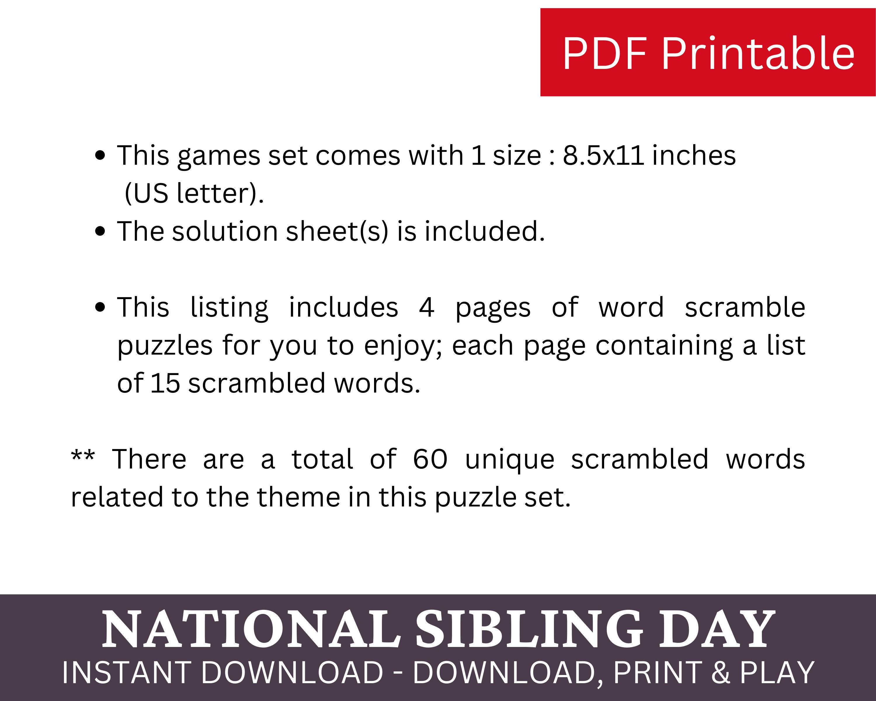 4 National Sibling Day Themed Word Scramble Puzzle Game, Brother Sister ...