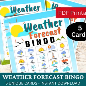 5 Tarjeta de juego de bingo de pronóstico del tiempo, Actividad temática de meteorología, Fiesta de picnic divertida, Juego PDF del Club de clases de ciencias, Juego educativo, Día de la Tierra
