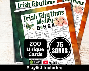 Irish Songs Bingo 200 Card, Lucky Theme Ireland Bingo, Drinking Party Music Bingo with Playlist, St Patricks Day Activity, Saint Pattys Game