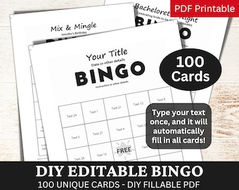 Modèle simple modifiable en format PDF de bingo-test de 100 mots, carte de jeu imprimable à remplir soi-même, carte de jeu imprimable personnalisable, vierge personnalisée, créez votre propre générateur