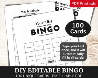 Modèle simple modifiable en format PDF de bingo-test de 100 mots, carte de jeu imprimable à remplir soi-même, carte de jeu imprimable personnalisable, vierge personnalisée, créez votre propre générateur