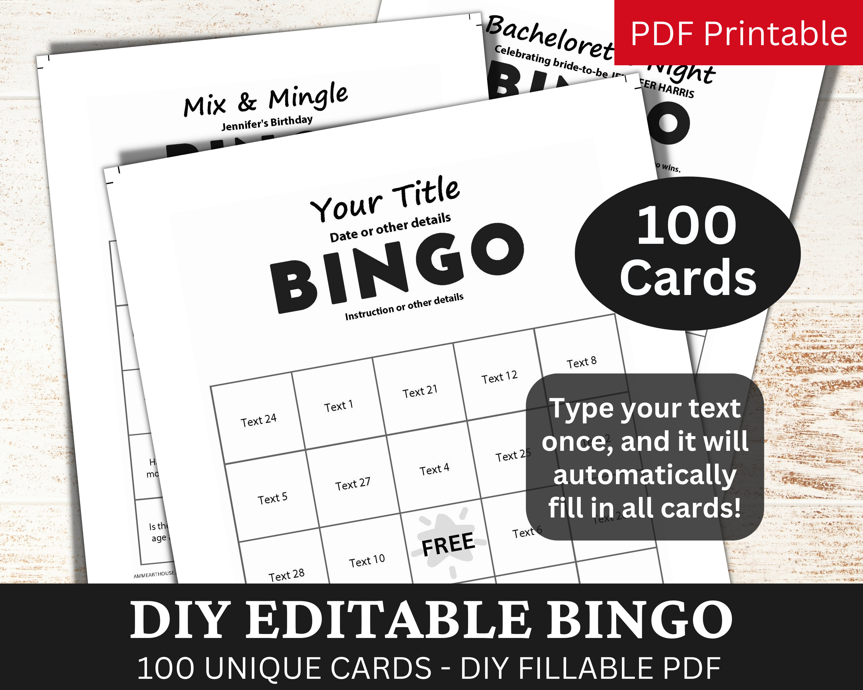 100 Editable Word Bingo Plain Template PDF, DIY Fillable Printable Game Card, Custom Blank Customizable Personalized Make Your Own Generator