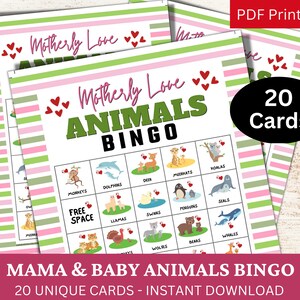 20 Mama & Baby Animals Bingo Game Card, Aktywność tematyczna na Dzień Matki, Zjazd rodzinny PDF, Impreza z okazji świętowania mamy, Klasa szkolna do wydrukowania