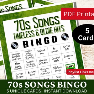 5 Oldie 70s Songs Bingo Spielkarten, Zeitlose Musik Party Aktivität, Familienabend Gathering druckbares Spiel, Geburtstag PDF für Retro Liebhaber