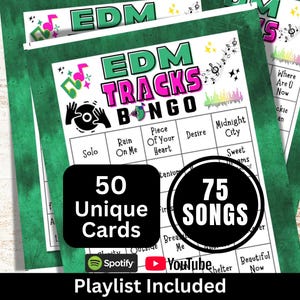 EDM Songs Bingo 50 Cards, Trivia Night Game, Electronic Dance Music Bingo, Groove Party Music Bingo with Playlist, Friend Gathering Activity image 1