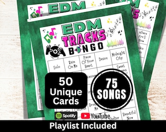 EDM Songs Bingo 50 Cards, Trivia Night Game, Electronic Dance Music Bingo, Groove Party Music Bingo with Playlist, Friend Gathering Activity