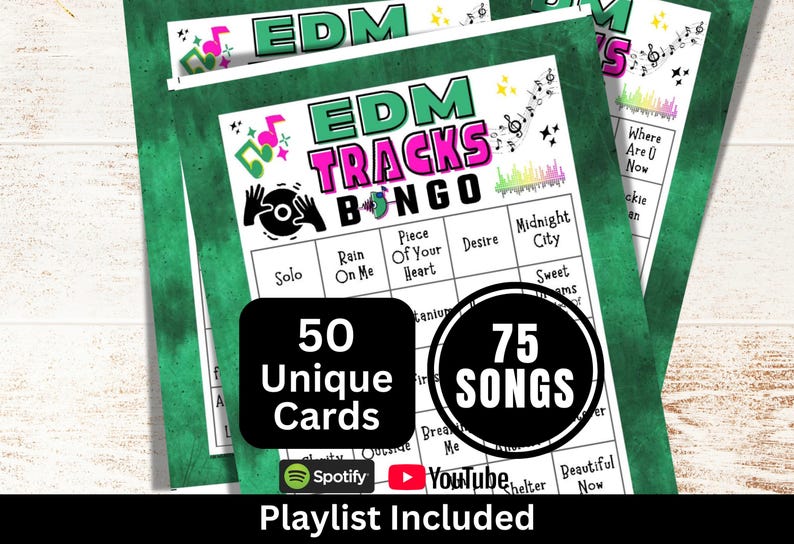 EDM Songs Bingo 50 Cards, Trivia Night Game, Electronic Dance Music Bingo, Groove Party Music Bingo with Playlist, Friend Gathering Activity image 1