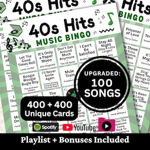 Printable 40s Hits Music Bingo game for parties, family gatherings, office events, fundraisers, and community game nights. Includes 100 popular 1940s songs and timeless classics many still know and enjoy today. Comes with 400 + 400 unique cards, Spotify, YouTube, and offline 1-minute snippets playlists, plus bonus