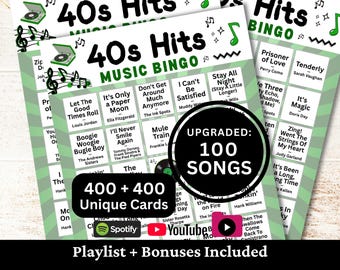 Bingo Musical dos Sucessos dos Anos 40, 400 Cartelas, 100 Listas de Reprodução Inclusas, Tema dos Anos 40, Jogo em PDF para Imprimir, Download Imediato