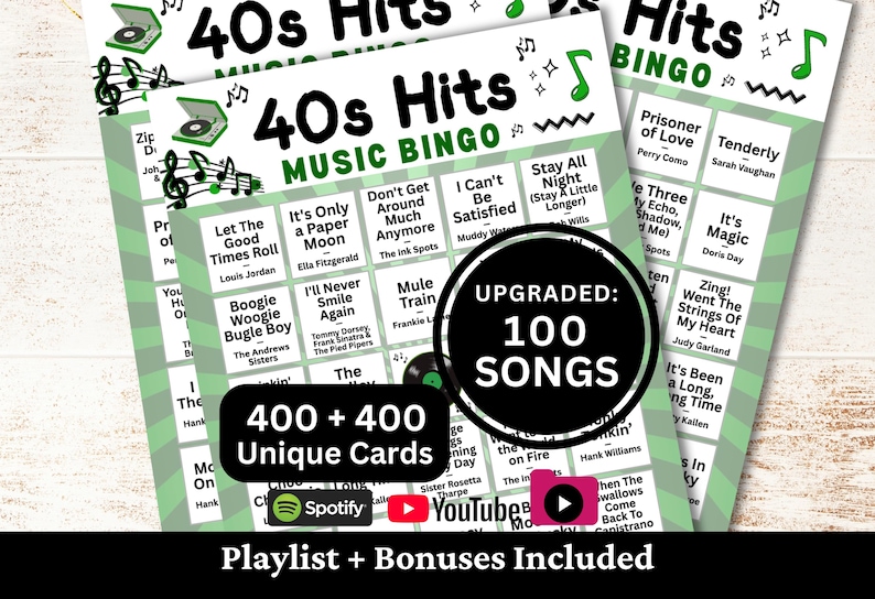 Printable 40s Hits Music Bingo game for parties, family gatherings, office events, fundraisers, and community game nights. Includes 100 popular 1940s songs and timeless classics many still know and enjoy today. Comes with 400 + 400 unique cards, Spotify, YouTube, and offline 1-minute snippets playlists, plus bonus