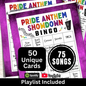 Bingo de canciones del orgullo (50 cartones), bingo musical comunitario con lista de reproducción, actividad imprimible para adultos LGBTQ+, juegos de beber con temática de arcoíris