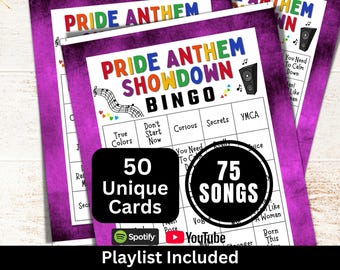Pride Songs Bingo 50 Cards, Community Music Bingo with Playlist, Adult Printable LGBTQ Trans Party Activity, Rainbow Themed Drinking Games