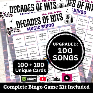 May include: A Decades of Hits Music Bingo game kit featuring 70s, 80s, and 90s song titles on grid cards. The cards include text such as Upgraded: 100 Songs and 100 + 100 Unique Cards, with Spotify, YouTube, and play icons displayed at the bottom.