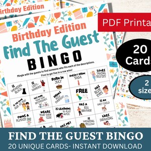 以下が含まれることがあります： 「ファインド・ザ・ゲスト・ビンゴ」という印刷可能な誕生日パーティーゲーム。ゲームには、ゲストの異なる説明が書かれた25個のマスがあるカラフルなビンゴカードが付属しています。このゲームは、20枚のユニークなカードを使ってパーティーで遊ぶように設計されています。「PDF Printable」と「20 Cards」のテキストは赤と青で表示されます。「Find the Guest Bingo」と「20 Unique Cards - Instant Download」のテキストは黒で表示されます。