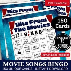 Muzyka filmowa Piosenki Bingo 150 kart, gra na rodzinne spotkanie, muzyczne bingo z listą odtwarzania, impreza dla dorosłych do wydrukowania Friends Reunion