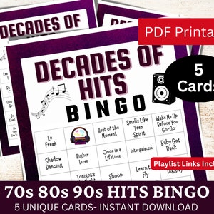 Bingo de 5 décadas de sucessos, cartões de jogo de músicas dos anos 70, 80 e 90 para atividades de festa, reunião noturna em família para impressão, PDF de aniversário para amantes retrô