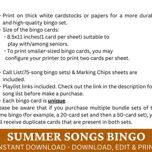 May include: A printable summer songs bingo game with instructions for printing on cardstock or paper. The game includes 75 songs and marking chips. The text on the image reads "Summer Songs Bingo Instant Download - Download, Edit & Print".