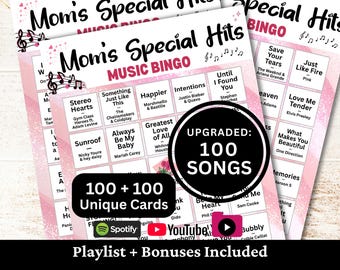 Mom's Special Hits Music Bingo, 100 Cards, 100 Songs Playlists Included, Mother-themed, Printable PDF Game, Instant Download