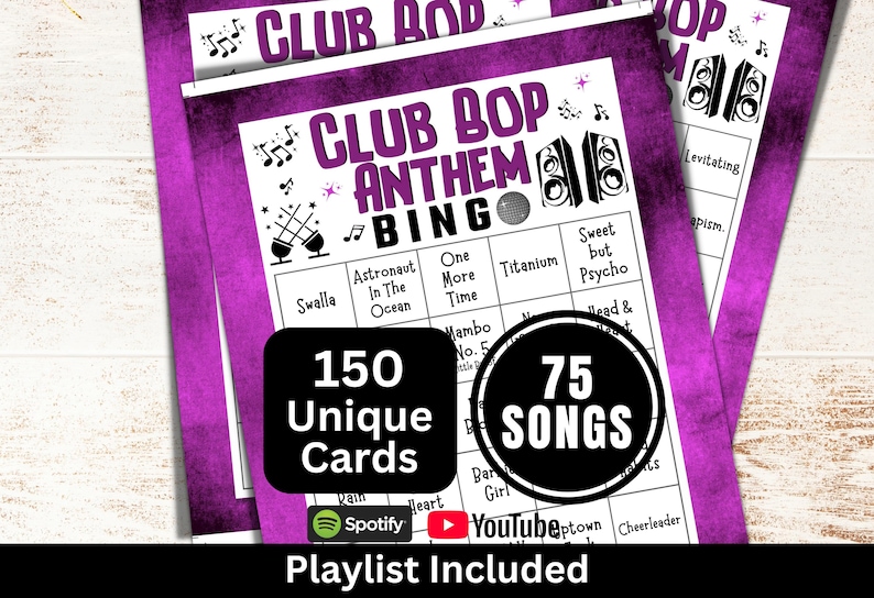 Club & Party Songs Bingo 150 Cards, Fun Family Holiday Themed Activity, Fundraising Social Gathering Games, Dance Music Bingo with Playlist image 1