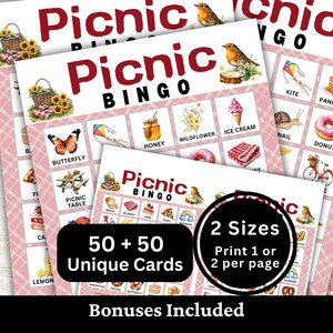 May include: A set of Picnic Bingo game cards featuring a pink plaid border and illustrations of picnic items like butterflies, honey, and wildflowers. The cards include the text Picnic Bingo, 50 + 50 Unique Cards, and 2 Sizes Print 1 or 2 per page.