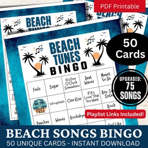 Beach Songs Bingo Spiel 50 Karten, Urlaubsmelodien Aktivität, Musik unter dem Motto Sommer, College Reunion Party Night, Familien-Geburtstags-Gathering-Spiel