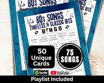 Gioco del bingo con canzoni classiche degli anni &#39;80, 50 carte, attività per feste con musica senza tempo degli anni &#39;80, gioco per serate in famiglia, PDF di compleanno per gli amanti del retrò