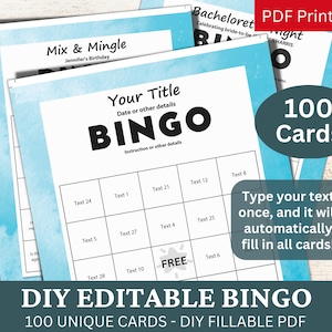 100 bewerkbare bingo aquarel hemelsblauwe sjabloon PDF, DIY invulbare gamekaart, aangepaste automatische vulling, gepersonaliseerd Maak uw eigen generator