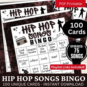 Hip Hop Songs Bingospiel 100 Karten, Rapmusik Partyaktivität, Familiennachttreffen druckbares Spiel, Geburtstags-Eisbrecher PDF-Spiel, Club Bingo