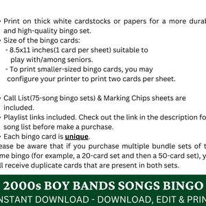 May include: A printable bingo card set featuring 2000s boy bands songs. The text "2000s Boy Bands Songs Bingo" is in green text on a white background. The text "Instant Download - Download, Edit & Print" is in black text on a white background.