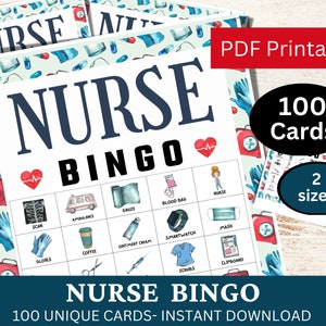 Cartão de jogo de bingo de 100 enfermeiras, atividade de festa com tema médico, jogo em PDF para impressão para graduação de estudantes de enfermagem, reunião de agradecimento à aposentadoria