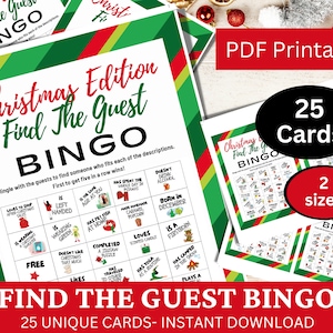 25 cartas de jogo de bingo de Natal para adultos, atividades divertidas para festas de fim de ano, jogo de família de inverno para impressão, jogo de reunião de Natal PDF