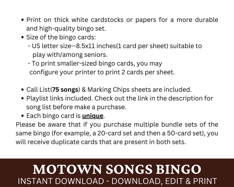 R&B Soul Pop Songs Bingo 50 Cards, Fun Family Holiday Party Activity, Senior Gathering Game PDF Printable, Classic Music Bingo with Playlist image 3