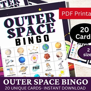 20 cartas de jogo de bingo no espaço sideral, atividade divertida de festa temática do sistema solar, jogo de aula de ciências para impressão, jogo de aniversário para crianças em PDF, ensino em casa