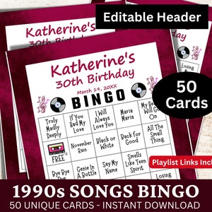 Bewerkbare header Throwback 90s Songs Bingo, Family Night Gathering Printable Game, Tijdloze muziekfeestactiviteit, Verjaardag PDF Retro Lovers