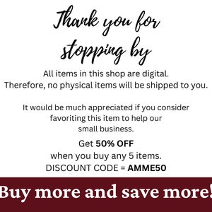 Puede incluir: Un anuncio de tienda digital con el texto "Gracias por pasar". El anuncio tambi&eacute;n incluye informaci&oacute;n sobre un descuento del 50% al comprar 5 art&iacute;culos. El c&oacute;digo de descuento es AMME50. El texto "&iexcl;Compra m&aacute;s y ahorra m&aacute;s!" est&aacute; en la parte inferior del anuncio.