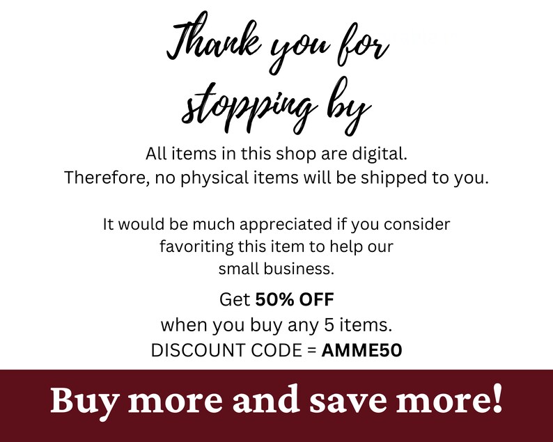 Puede incluir: Un anuncio de tienda digital con el texto "Gracias por pasar". El anuncio tambi&eacute;n incluye informaci&oacute;n sobre un descuento del 50% al comprar 5 art&iacute;culos. El c&oacute;digo de descuento es AMME50. El texto "&iexcl;Compra m&aacute;s y ahorra m&aacute;s!" est&aacute; en la parte inferior del anuncio.