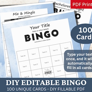 100 plantillas editables de bingo acuarela índigo azul PDF, tarjeta de juego rellenable DIY, relleno automático personalizado, personalizado haga su propio generador
