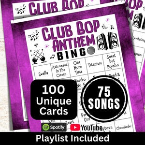 Bingo de canciones para fiestas y clubes (100 cartones), bingo de música bailable con lista de reproducción, divertida actividad familiar con temática festiva, juegos para recaudar fondos en reuniones sociales. imagen 1