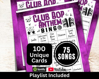 Bingo de canciones para fiestas y clubes (100 cartones), bingo de música bailable con lista de reproducción, divertida actividad familiar con temática festiva, juegos para recaudar fondos en reuniones sociales.