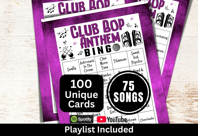 Bingo de canciones para fiestas y clubes (100 cartones), bingo de música bailable con lista de reproducción, divertida actividad familiar con temática festiva, juegos para recaudar fondos en reuniones sociales. imagen 1