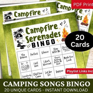 Camping Songs Bingo 20 Card, Summer Journey Music com jogo de lista de reprodução, atividade de festa para impressão para adultos em viagem ao ar livre, aniversário em família e feriado