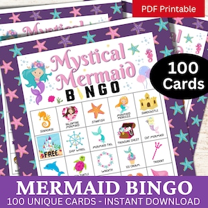 Zeemeermin Bingo 100 kaart, schattige afdrukbare zeemeermin thema familiespelavond voor kinderen, klaslokaal Icebreaker PDF Bingo, verjaardagsfeestje verzamelen
