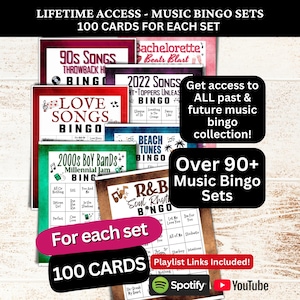 Music Bingo Sets Bundle - 100 Unique Bingo Cards ALL Past and Future Music Bingo Sets, Google Drive Access, Music Bingo with Playlist