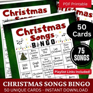 50 tarjetas de bingo con canciones navideñas, las mejores canciones de bingo navideñas con lista de reproducción, divertida actividad para fiestas familiares, juego imprimible para reuniones de trabajo de invierno